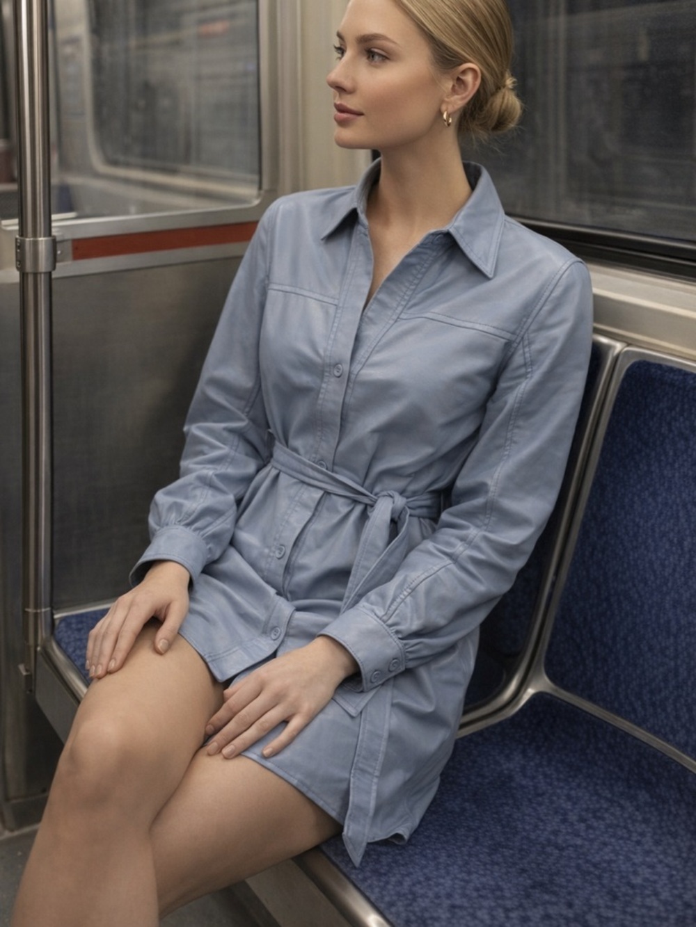 Aritzia Wilfred Caroline Vegan Leather Shirt Dress in Blue Dune